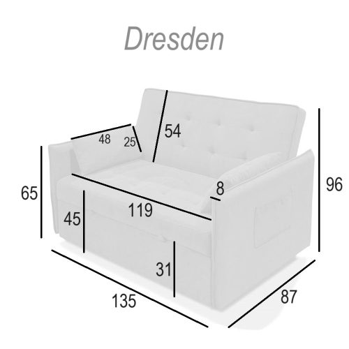 Medidas (sofá cerrado). Sofá cama 2 plazas pequeño, brazos estrechos – Dresden