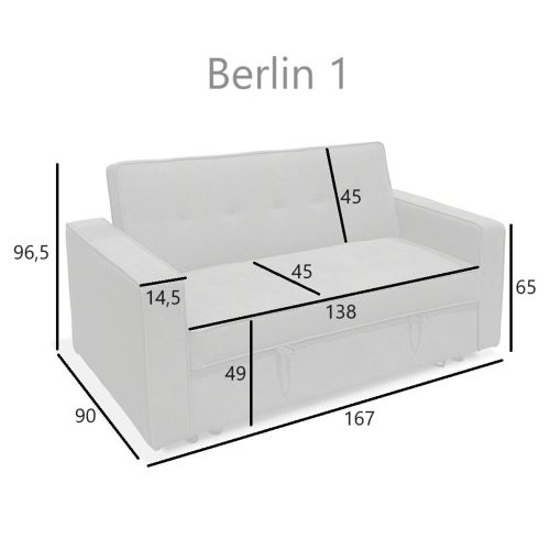 Medidas. Sofá cama 2 plazas con brazos, 3 posiciones – Berlin