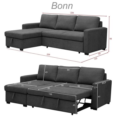 Medidas. Sofá chaise longue cama pequeño, con arcón - Bonn