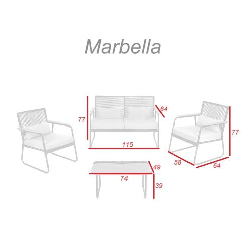 Medidas. Set de jardín, sofá 2 plazas, 2 sillones, mesa centro, cojines, brazos madera - Marbella