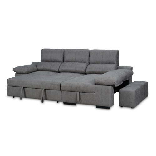 Cama abierta. Sofá chaise longue cama, con arcón, 3 pufs - Dallas. Derecha, gris