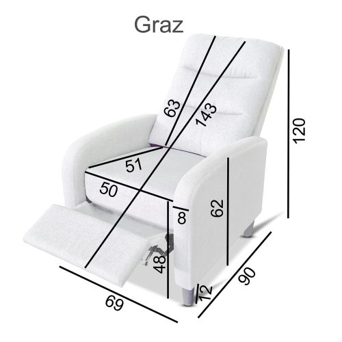 Medidas. Butaca relax manual, respaldo reclinable, reposapies – Graz