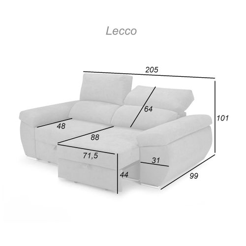 Medidas. Sofá 2 plazas, asientos deslizantes, cabezales reclinables - Lecco