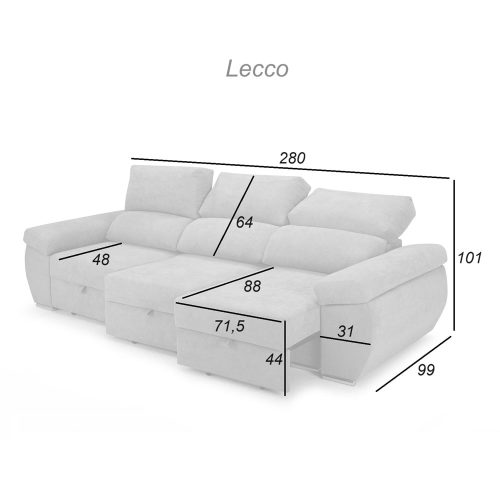Medidas. Sofá 3 plazas, asientos deslizantes, cabezales reclinables - Lecco
