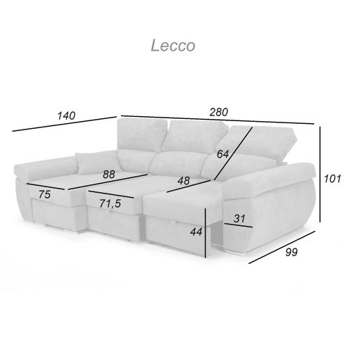 Medidas. Sofá chaise longue, 3 plazas, cabezales reclinables, asientos deslizantes, arcón, izquierdo - Lecco