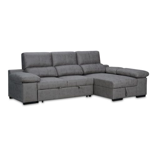 Sofá chaise longue cama, con arcón, 3 pufs - Dallas. Derecha, gris