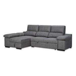 Sofá chaise longue cama, con arcón, 3 pufs - Dallas. Izuierda, gris