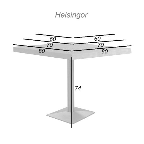 Medidas. Mesa de comedor pedestal, cuadrada, tapa madera, pie metal - Helsingor