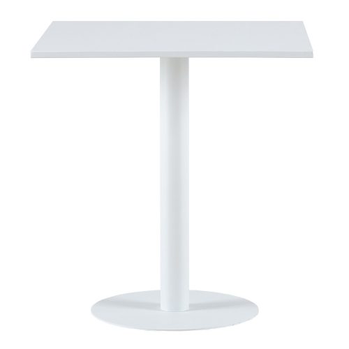 Vista frontal. Mesa de comedor pedestal, cuadrada, metálica, 70 x 70 cm, blanca - Kolding