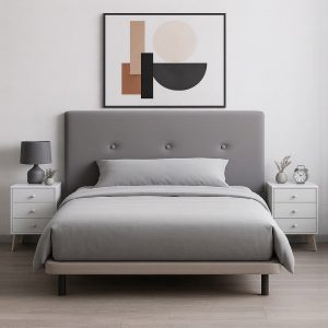 Cabecero para cama de matrimonio 135 cm, gris, polipiel, montado en dormitorio - Nantes