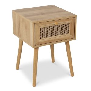 Mesita de noche estilo boho vintage con cajón de rejilla y patas altas, color madera - Java