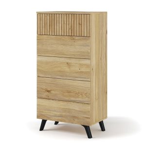 Sinfonier de 5 cajones sin tiradores, diseño rayas verticales, color roble, patas inclinadas - Rennes