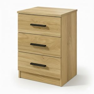 Mesita de noche alta, 3 cajones, color roble con vetas, tiradores negros - Metz