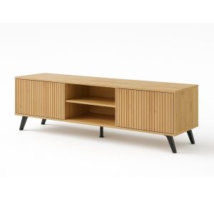 Mueble TV, diseño rayas verticales, color roble, 2 puertas y 2 baldas abiertas en la parte central - Rennes