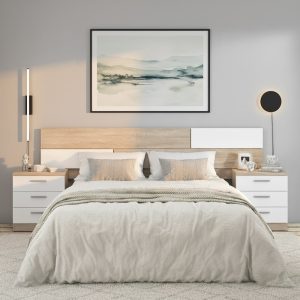 Conjunto de dormitorio - cabecero ancho 220 cm, 2 mesitas de noche 3 cajones, blanco roble - Bolonia