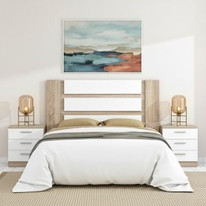 Conjunto dormitorio matrimonio, cabecero de pie 160 cm, 2 mesitas de noche. Roble blanco - Bolonia