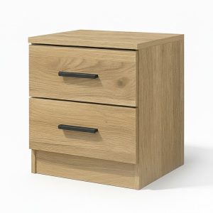 Mesita de noche 2 cajones, color roble con vetas, tiradores negros - Metz