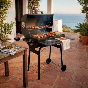 Barbacoa de carbón estilo barril, tapa con termómetro, montada en el jardín - Caskfire