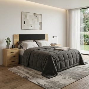 Conjunto dormitorio matrimonio - cabecero, 2 mesitas de noche 3 cajones, roble, detalles negros, montado en dormitorio - Metz