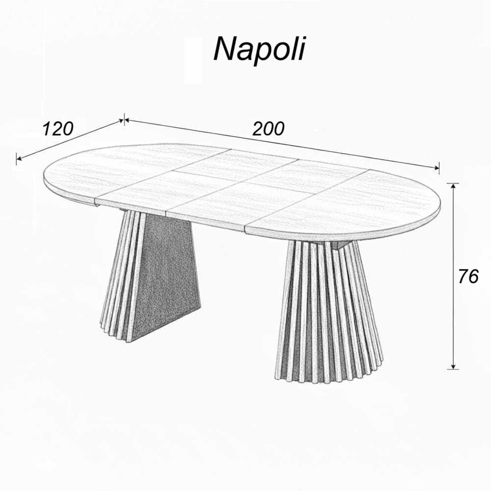 Medidas. Mesa comedor extensible, ovalada, 200 x 120 cm, MDF, madera, pedestal de listones - Napoli