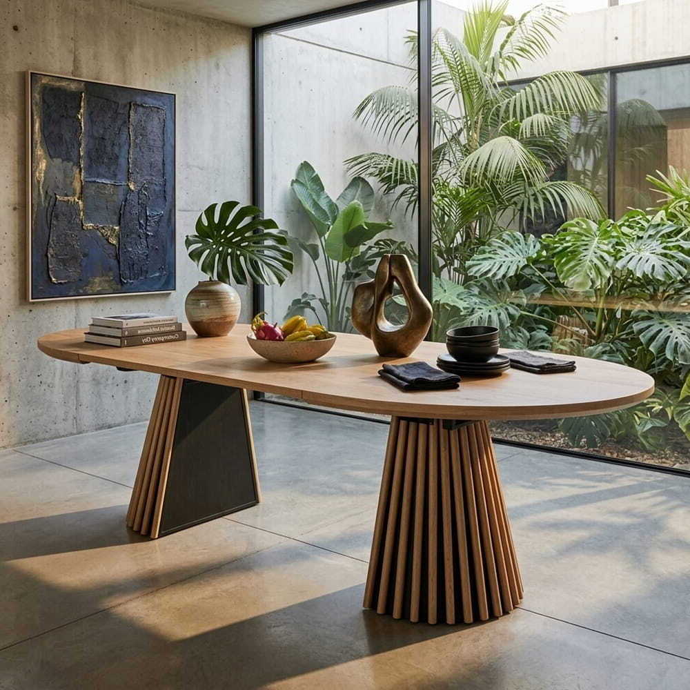Mesa comedor extensible grande, redonda - ovalada, 120 cm (120 x 160, 120 x 200), pedestal de listones, montada en un salón Napoli