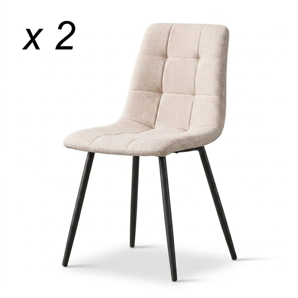 Silla de comedor o salón tapizada en tela, patas de metal negras, diseño de cuadros - Prato Beige 2
