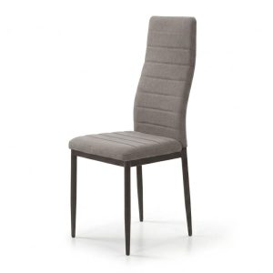 Grey fabric upholstered dining chair with black legs, padded seat and backrest, and metal frame - Vernio
