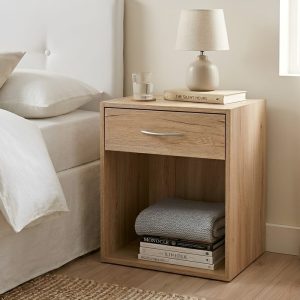 Mesita de noche un cajon, un hueco, color roble, en dormitorio - Skokie