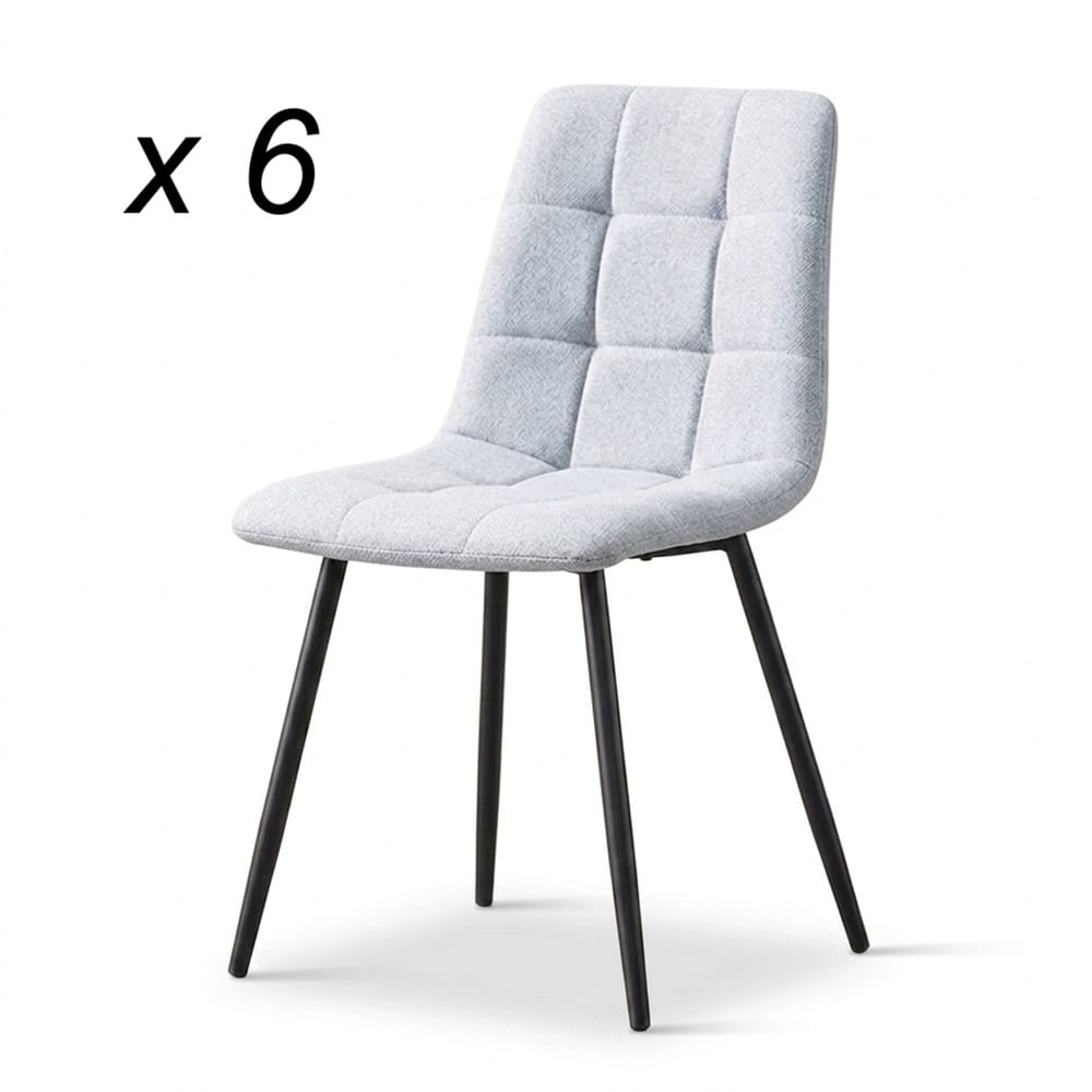 Silla de comedor o salón tapizada en tela, patas de metal negras, diseño de cuadros - Prato Gris 6