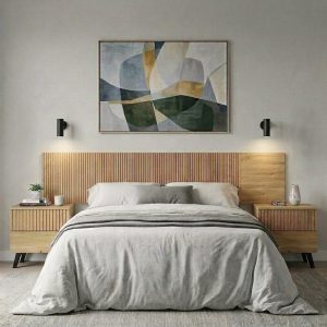 Conjunto de dormitorio - 2 mesitas de noche, cabecero, diseño rayas verticales, color roble – Rennes