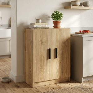 Mueble bajo de cocina, 2 puertas, color roble con vetas, tiradores negros, 60 x 80 cm - Metz