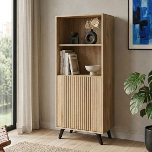 Mueble bar, 1 puerta, 2 baldas abiertas, diseño rayas verticales, color roble, en salón - Rennes