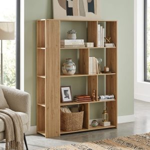 Estantería ancha, 4 niveles, 8 huecos abiertos, diseño rayas, color roble - Rennes