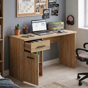 Mesa de estudio, 1 cajón, 1 puerta, 120 cm, color roble, efecto madera veteada, tiradores negros - Metz