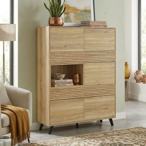 Vitrina, 5 puertas, 1 hueco abierto, diseño rayas, color roble, patas inclinadas, en salón - Rennes