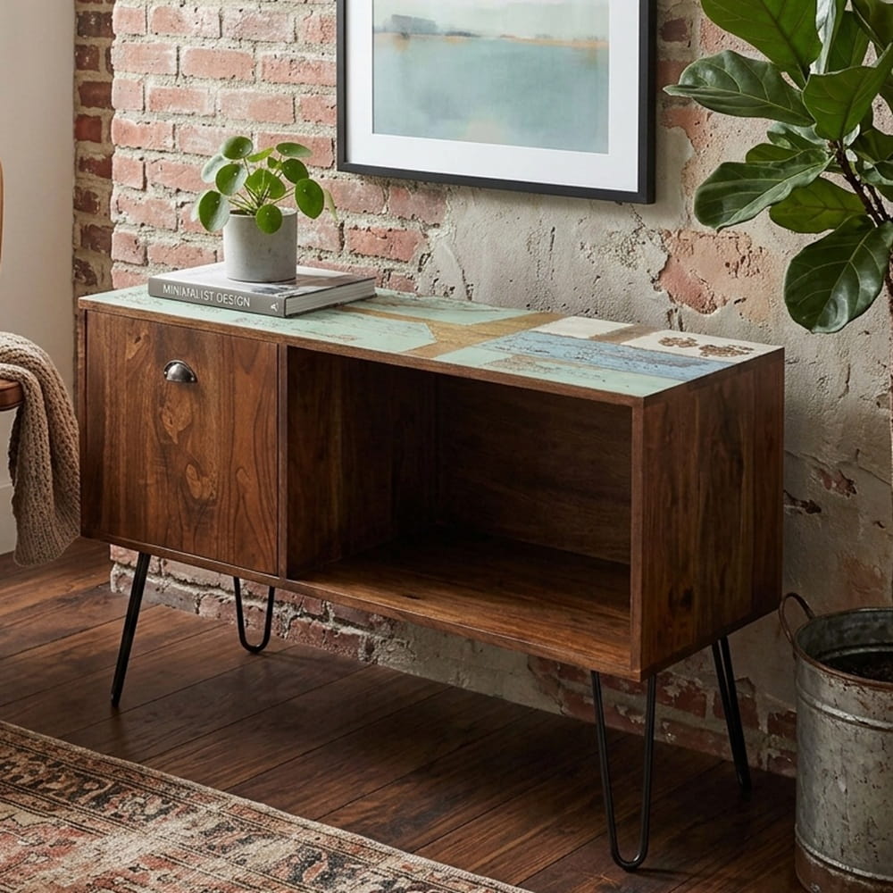 Aparador de madera maciza mindi, estilo vintage, patas de metal, tablero colorido y estante - Jakarta
