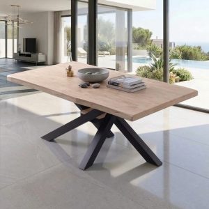 Mesa de comedor fija, tapa de madera de roble maciza, forma iregular, patas negras metalicas cruzadas, 180 x 100 cm - Randers