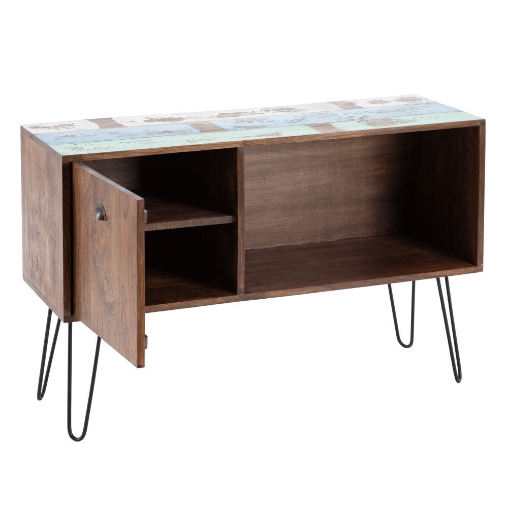 Puerta abierta. Aparador de madera maciza mindi, estilo vintage, patas de metal, tablero colorido y estante - Jakarta