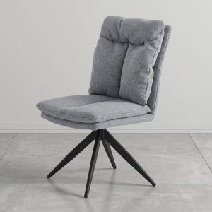 Silla de comedor giratoria tapizada en tela gris acolchada, alto respaldo, patas negras metálicas inclinadas - Vinci
