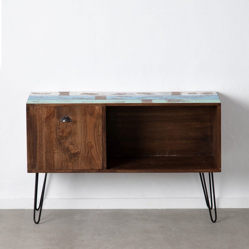 Vista frontal. Aparador de madera maciza mindi, estilo vintage, patas de metal, tablero colorido y estante - Jakarta