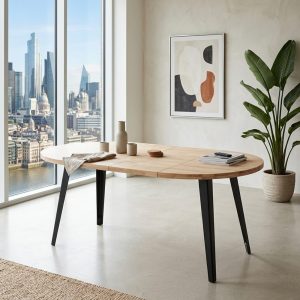 Mesa de comedor redonda extensible, tapa madera roble natural, patas metal, diámetro 100 cm, extendido a 100 x 180 cm, patas negras - Ribe