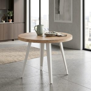Mesa de comedor redonda fija, tapa de madera de roble maciza, patas metalicas blancas, 100 cm – Ribe
