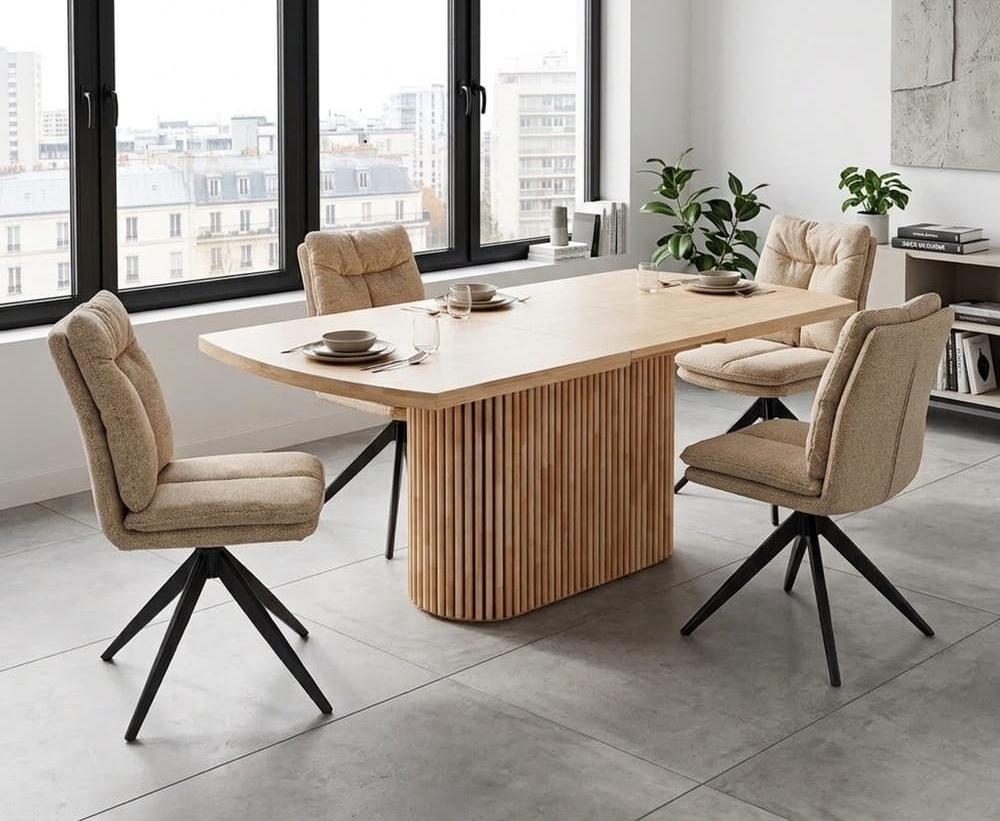 Octubre - Mesa de comedor extensible rectangular en posición mediana (100 × 200 cm), chapa de roble natural, base de listones, color roble – Toscana